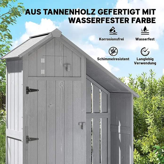 Outsunny Geräteschrank - Außenbreite inkl. Dachüberstand: 129 cm, Außentiefe inkl. Dachüberstand: 51,5 cm, Holz, Grau - Graues Gerätehaus aus Tannenholz, wasserdicht und schimmelresistent für langlebigen Außeneinsatz.
