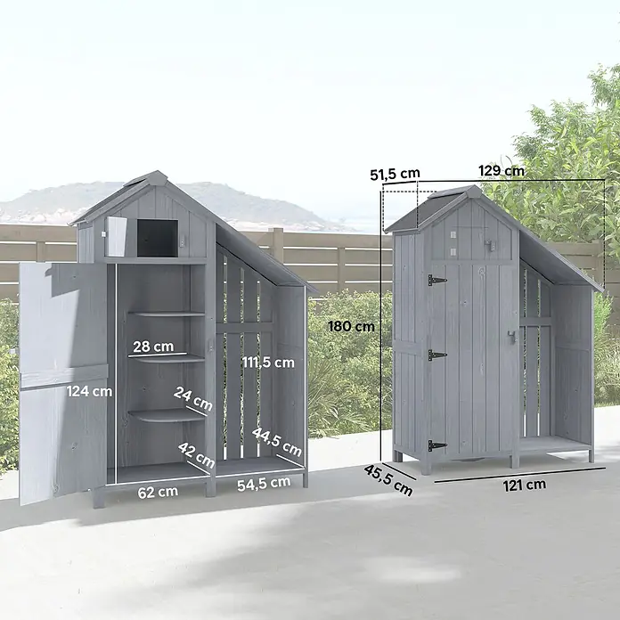 Outsunny Geräteschrank - Außenbreite inkl. Dachüberstand: 129 cm, Außentiefe inkl. Dachüberstand: 51,5 cm, Holz, Grau - Grauer Holz-Gartenschrank mit Maßen, offen mit Regalen und geschlossen für den Außenbereich dargestellt.