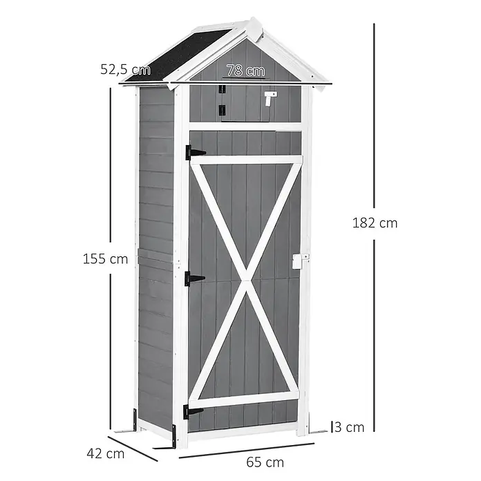 Outsunny Geräteschrank - Außenbreite inkl. Dachüberstand: 78 cm, Außentiefe inkl. Dachüberstand: 52,5 cm, Holz, Dunkelgrau/Kohlegrau - Grauer Holz-Gartenschuppen mit schwarzem Spitzdach und weißer Türverkleidung, Maße angegeben.