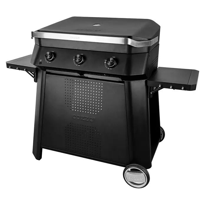 Cozze Rollwagen - B x T x H: 146 x 70 x 74,5 cm, Stahl, Schwarz, Passend für: Cozze Plancha Grill 800 - Schwarzer Gas-Plancha-Grill mit drei Drehknöpfen, silbernen Akzenten, Seitenablagen und Rollen für den Außenbereich.