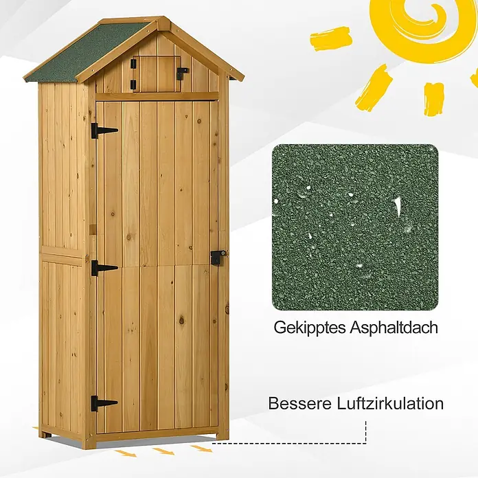 Outsunny Geräteschrank - Außenbreite inkl. Dachüberstand: 77 cm, Außentiefe inkl. Dachüberstand: 54,2 cm, Holz, Gelb+Grün - Hölzernes Gartenhaus mit grünem Asphaltdach und verbesserter Belüftung. Verfügt über zwei Türen.