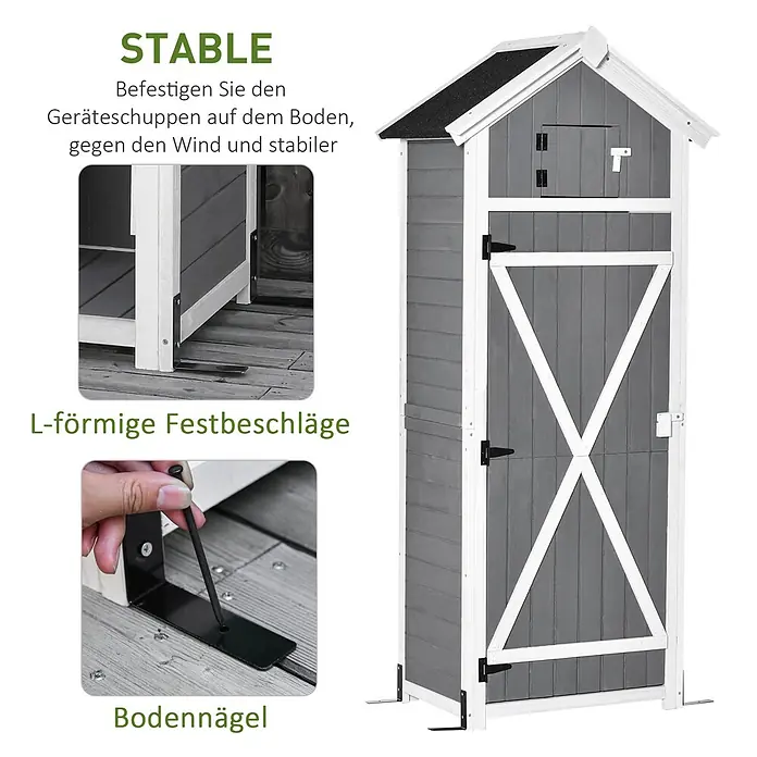 Outsunny Geräteschrank - Außenbreite inkl. Dachüberstand: 78 cm, Außentiefe inkl. Dachüberstand: 52,5 cm, Holz, Dunkelgrau/Kohlegrau - Grauer und weißer Geräteschuppen aus Holz mit L-förmigen Halterungen und Bodennägeln zur sicheren Verankerung.