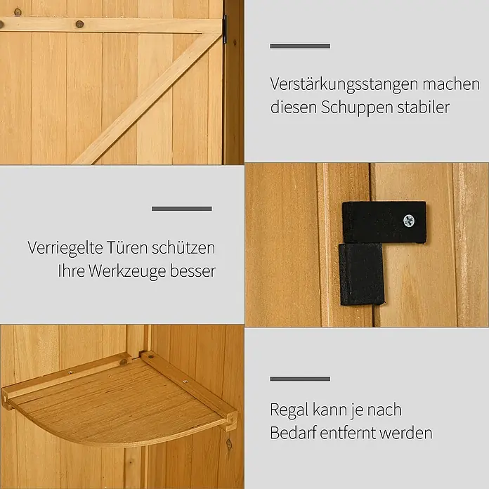 Outsunny Geräteschrank - Außenbreite inkl. Dachüberstand: 77 cm, Außentiefe inkl. Dachüberstand: 54,2 cm, Holz, Gelb+Grün - Details eines Holzschuppens: verstärkte Tür, abschließbare Türen und ein abnehmbares Eckregal.