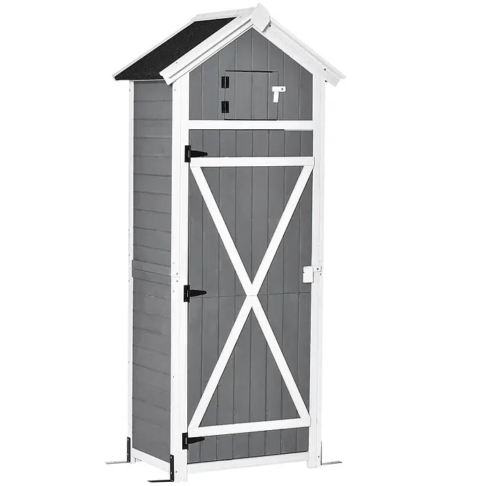Outsunny Geräteschrank - Außenbreite inkl. Dachüberstand: 78 cm, Außentiefe inkl. Dachüberstand: 52,5 cm, Holz, Dunkelgrau/Kohlegrau - Hoher grauer Holzschuppen mit weißem Zierrat, schwarzem Dach und Scheunentor mit Kreuzstrebe.