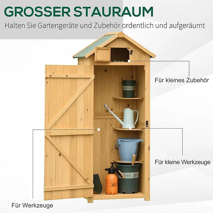 Outsunny Geräteschrank - Außenbreite inkl. Dachüberstand: 77 cm, Außentiefe inkl. Dachüberstand: 54,2 cm, Holz, Gelb+Grün - Hölzerner Gartenschrank mit offenen Türen und organisierten Fächern für Werkzeuge und Zubehör.
