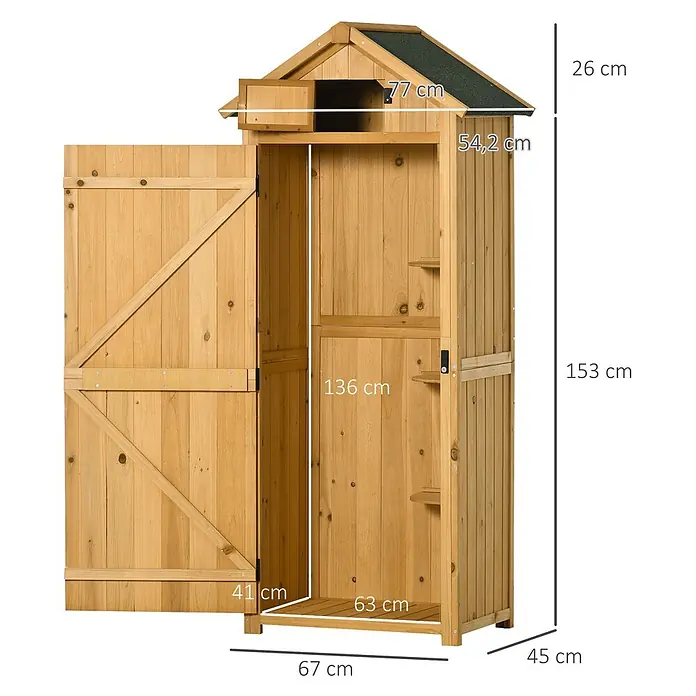 Outsunny Geräteschrank - Außenbreite inkl. Dachüberstand: 77 cm, Außentiefe inkl. Dachüberstand: 54,2 cm, Holz, Gelb+Grün - Gartenschrank aus Naturholz mit geöffneter Tür und Innenregalen.