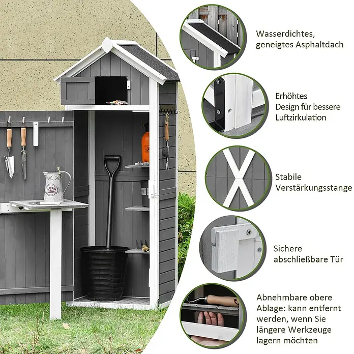 Outsunny Geräteschrank - Außenbreite inkl. Dachüberstand: 78 cm, Außentiefe inkl. Dachüberstand: 52,5 cm, Holz, Dunkelgrau/Kohlegrau - Grauer Holzgartenschrank mit wasserdichtem Asphaltdach, erhöhtem Design, verstärkter Tür und abnehmbarem Regal für Werkzeuge.