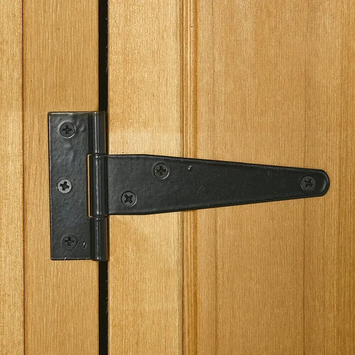 Outsunny Geräteschrank - Außenbreite inkl. Dachüberstand: 77 cm, Außentiefe inkl. Dachüberstand: 54,2 cm, Holz, Gelb+Grün - Schwarzes T-Band mit sichtbaren Kreuzschlitzschrauben an hellem Holz befestigt.