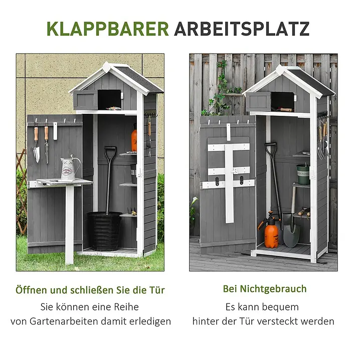 Outsunny Geräteschrank - Außenbreite inkl. Dachüberstand: 78 cm, Außentiefe inkl. Dachüberstand: 52,5 cm, Holz, Dunkelgrau/Kohlegrau - Graues Holz-Gartenschrank/-Arbeitsplatz mit klappbarem Tisch zum Umtopfen. Verstaut Werkzeuge und schließt kompakt bei Nichtgebrauch.