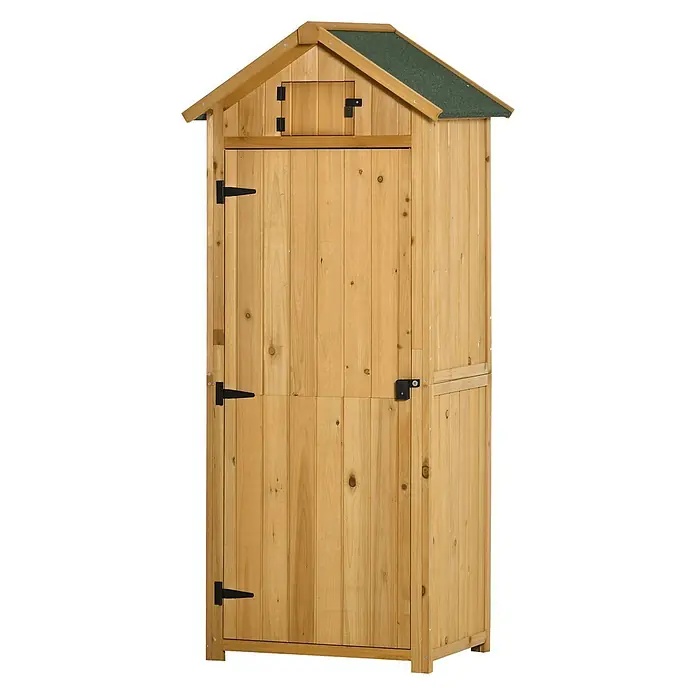Outsunny Geräteschrank - Außenbreite inkl. Dachüberstand: 77 cm, Außentiefe inkl. Dachüberstand: 54,2 cm, Holz, Gelb+Grün - Heller Holzschuppen mit grünem Dach und zwei Türen zur Gartenaufbewahrung.