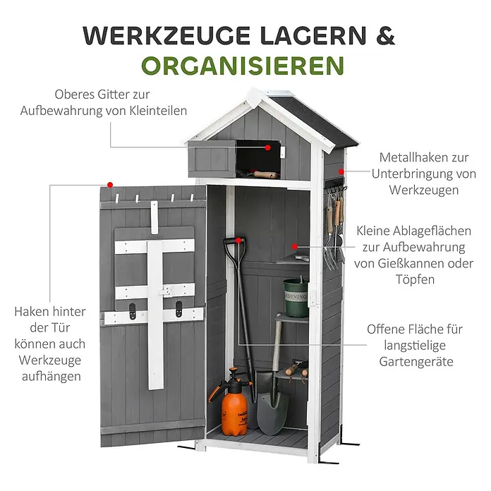 Outsunny Geräteschrank - Außenbreite inkl. Dachüberstand: 78 cm, Außentiefe inkl. Dachüberstand: 52,5 cm, Holz, Dunkelgrau/Kohlegrau - Grau-weißer Gartenlager-Schrank aus Holz mit Fächern, Haken und Regalen zur Werkzeug- und Gartenartikelorganisation.