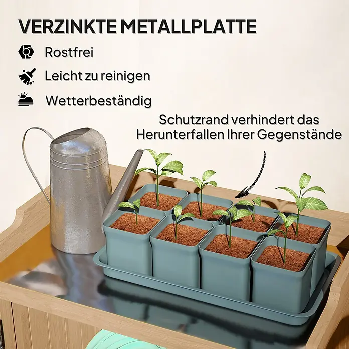 Outsunny Geräteschrank - Außenbreite inkl. Dachüberstand: 66,5 cm, Außentiefe inkl. Dachüberstand: 40 cm, Holz, Gelb - Verzinkte Metallplatte auf einem Holzgärtnertisch mit Topfpflanzen. Rostfrei, leicht zu reinigen, wetterbeständig und mit Schutzrand.