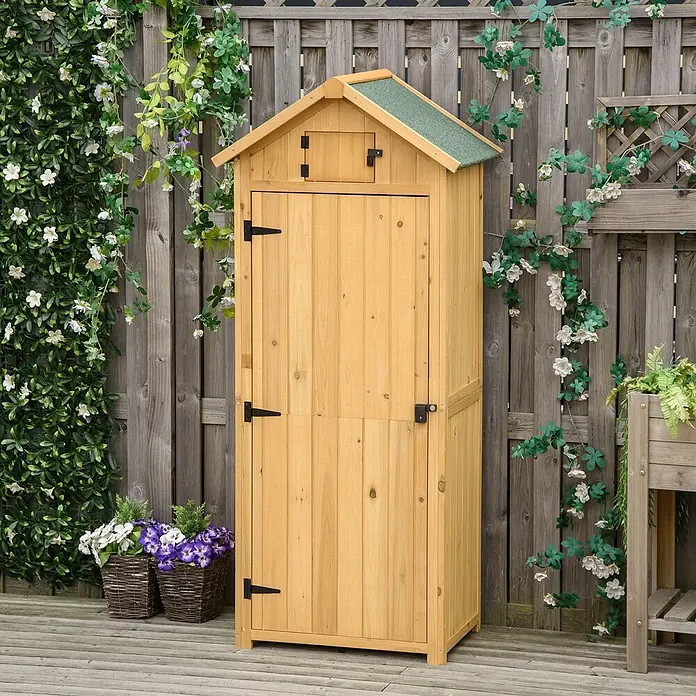Outsunny Geräteschrank - Außenbreite inkl. Dachüberstand: 77 cm, Außentiefe inkl. Dachüberstand: 54,2 cm, Holz, Gelb+Grün - Kompakter Holz-Gartenschrank mit Naturholz-Finish und grünem Spitzdach für den Außenbereich.