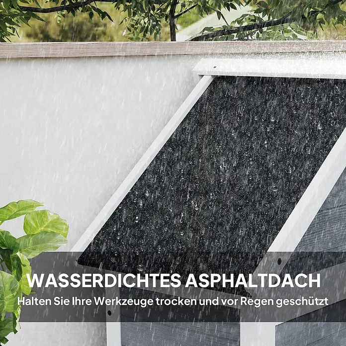 Outsunny Geräteschrank - Holz, Hellgrau - Wasserdichtes, dunkles Asphaltdach im Regen. Hält Werkzeuge trocken und geschützt.