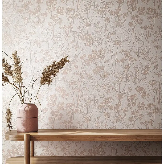 Marburg Vliestapete Novamur Mona Floral I - Weiß-Beige, Floral, 10,05 x 0,53 m - Hellrosa geprägte Tapete mit zartem botanischem Muster.