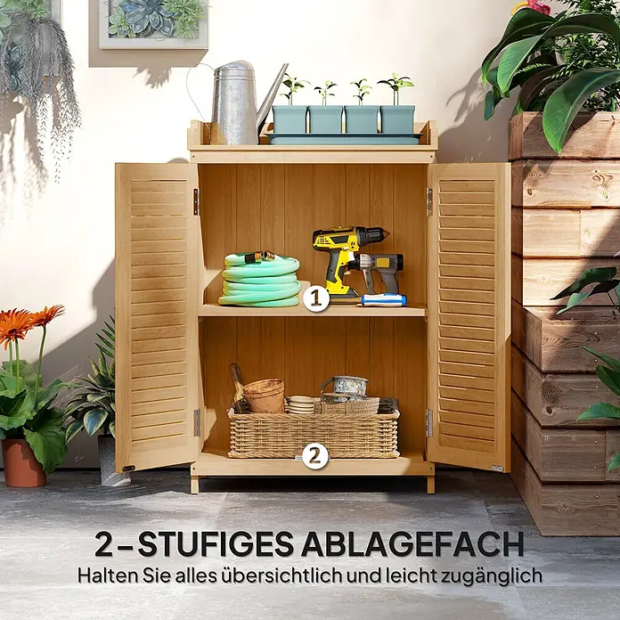 Outsunny Geräteschrank - Außenbreite inkl. Dachüberstand: 66,5 cm, Außentiefe inkl. Dachüberstand: 40 cm, Holz, Gelb - Hellbrauner Outdoor-Holzschrank mit Lamellentüren und zwei Ablagen, zur Aufbewahrung von Gartengeräten auf einer Terrasse.