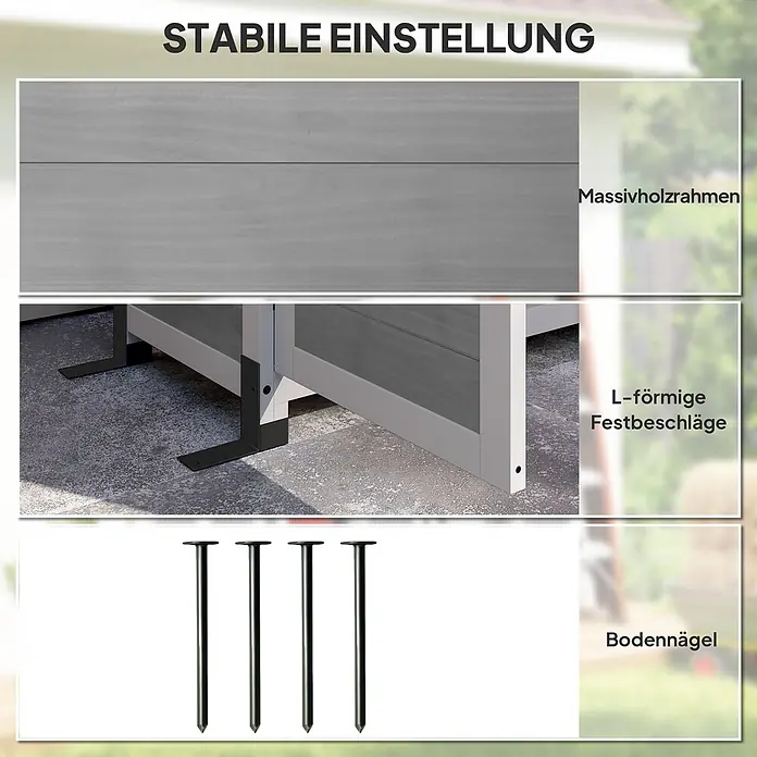 Outsunny Geräteschrank - Holz, Hellgrau - Details zu Massivholzrahmen, L-förmigen Festbeschlägen und Bodennägeln für stabile Außenaufstellung.