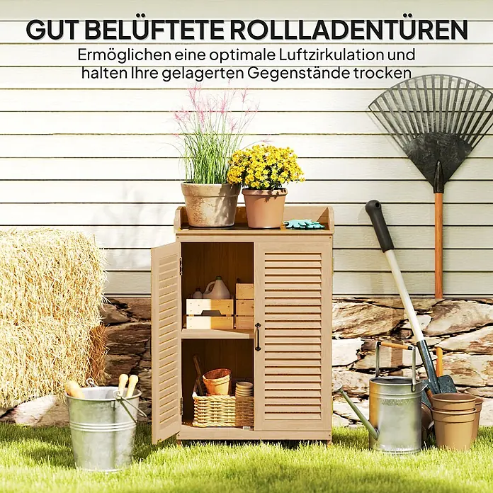 Outsunny Geräteschrank - Außenbreite inkl. Dachüberstand: 66,5 cm, Außentiefe inkl. Dachüberstand: 40 cm, Holz, Gelb - Hellbrauner Outdoor-Holzschrank mit Lamellentüren für Belüftung von Gartengeräten und Vorräten.
