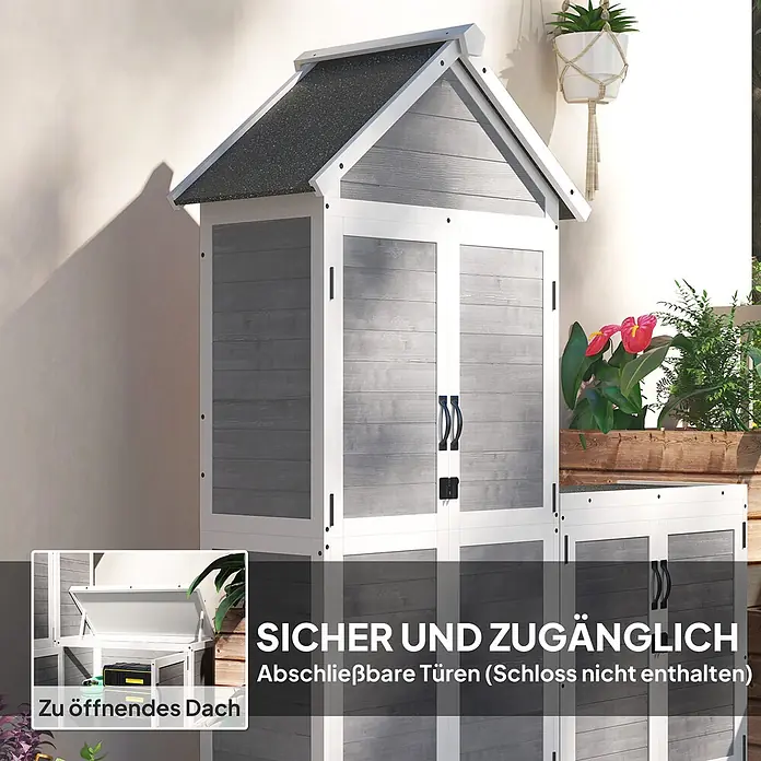Outsunny Geräteschrank - Holz, Hellgrau - Grau-weißes Gartenhaus aus Holz mit dunklem Dach, abschließbaren Doppeltüren und aufklappbarem Deckel für sichere und zugängliche Lagerung.