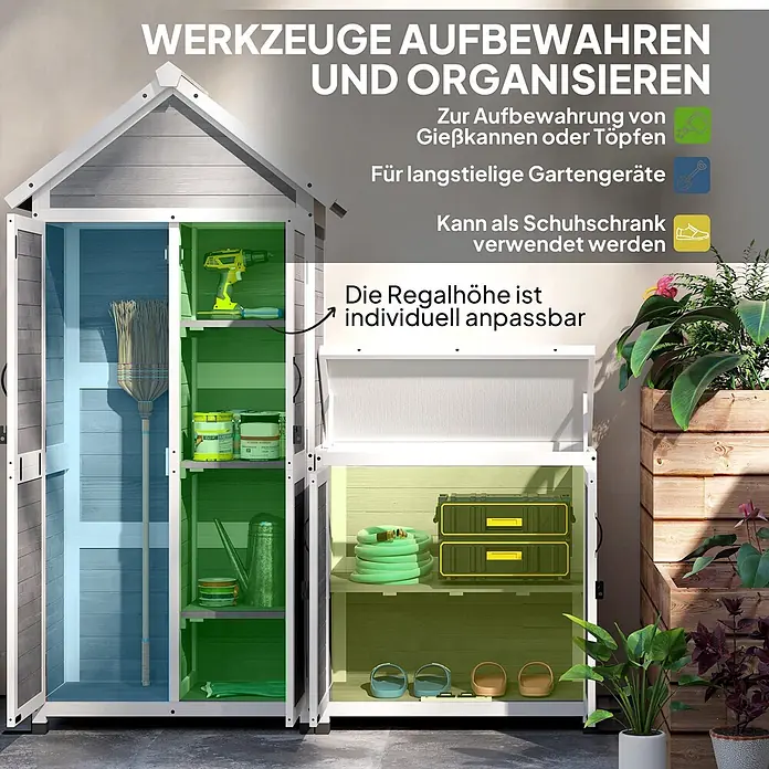 Outsunny Geräteschrank - Holz, Hellgrau - Grauer und weißer Gartenschrank zur Aufbewahrung von Werkzeugen und Schuhen, mit verstellbaren Regalböden.