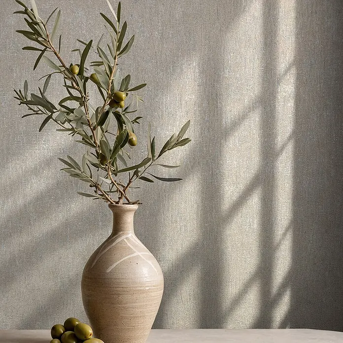 Marburg Ritus Vliestapete Uni I - Beige, Uni, 10,05 x 0,53 m - Olivenzweig in beiger Keramikvase mit grünen Oliven auf einem Tisch.