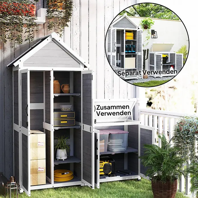 Outsunny Geräteschrank - Holz, Hellgrau - Modularer grau-weißer Gartenschuppen aus Holz, kombiniert und als separate Einheiten für vielseitige Nutzung gezeigt.