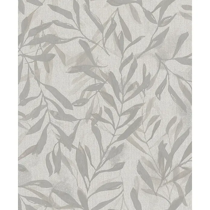 Marburg Vliestapete Novamur Leyla Floral - Beige-Grau, Floral, 10,05 x 0,53 m - Hellgraue Tapete mit dezenter Webstruktur und sich überlappendem botanischem Blattmuster in leicht dunklerem Grau.