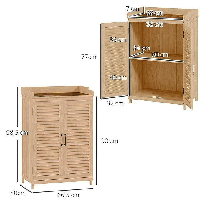 Outsunny Geräteschrank - Außenbreite inkl. Dachüberstand: 66,5 cm, Außentiefe inkl. Dachüberstand: 40 cm, Holz, Gelb - Heller Holzschrank mit Lamellentüren, geschlossen und offen mit zwei Regalböden, detailreiche Maße angezeigt.