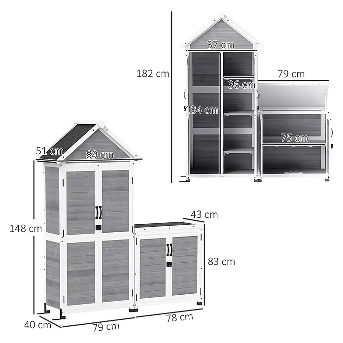 Outsunny Geräteschrank - Holz, Hellgrau - Grauer und weißer Holz-Gartenschrank mit mehreren Fächern und Maßen.