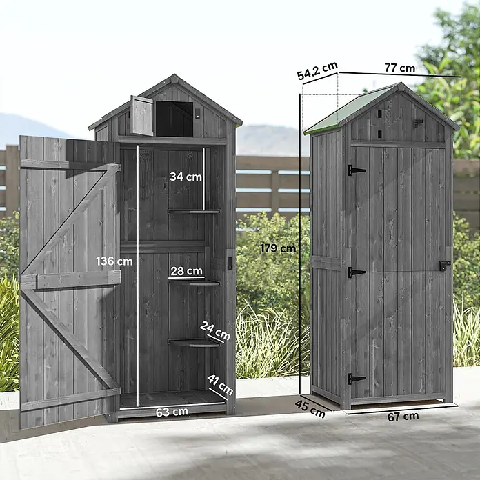 Outsunny Geräteschrank - Außenbreite inkl. Dachüberstand: 77 cm, Außentiefe inkl. Dachüberstand: 54,2 cm, Holz, Grau+Grün - Grauer Holz-Gartenschrank mit Flügeltür und Innenregalen, Maße für Höhe, Breite und Tiefe angezeigt.