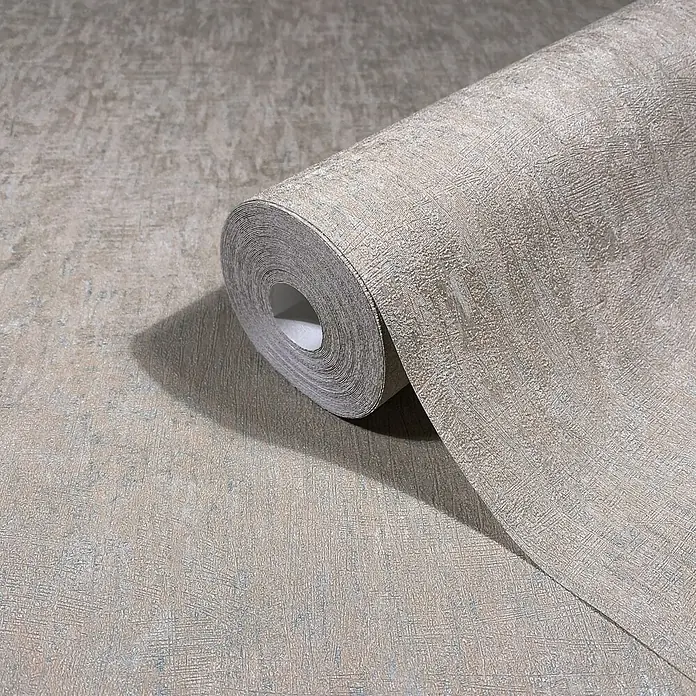 Marburg Ritus Vliestapete Uni I - Beige, Uni, 10,05 x 0,53 m - Strukturierte beigefarbene Tapetenrolle abgerollt mit abstraktem Leinenmuster.