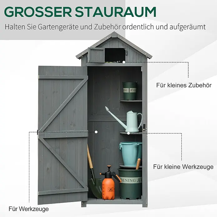 Outsunny Geräteschrank - Außenbreite inkl. Dachüberstand: 77 cm, Außentiefe inkl. Dachüberstand: 54,2 cm, Holz, Grau+Grün - Grauer Holzschuppen mit offener Tür, der Regale voller Gartengeräte und Zubehör zeigt.