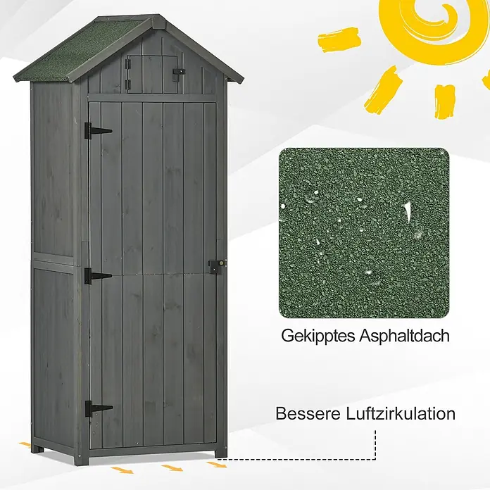Outsunny Geräteschrank - Außenbreite inkl. Dachüberstand: 77 cm, Außentiefe inkl. Dachüberstand: 54,2 cm, Holz, Grau+Grün - Grauer Holzgeräteschuppen mit geneigtem grünem Asphaltdach und erhöhtem Sockel für bessere Luftzirkulation.