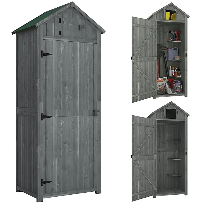 Outsunny Geräteschrank - Außenbreite inkl. Dachüberstand: 77 cm, Außentiefe inkl. Dachüberstand: 54,2 cm, Holz, Grau+Grün - Grauer Garten-Geräteschrank aus Holz mit grünem Dach, geschlossen und geöffnet mit Regalen und Werkzeugen.