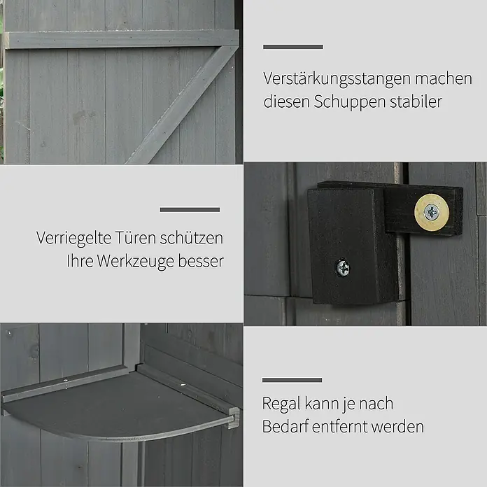Outsunny Geräteschrank - Außenbreite inkl. Dachüberstand: 77 cm, Außentiefe inkl. Dachüberstand: 54,2 cm, Holz, Grau+Grün - Grauer Holzschuppen mit verstärkten Türen, sicherem Riegel und einem herausnehmbaren Regal für vielseitige Aufbewahrung.