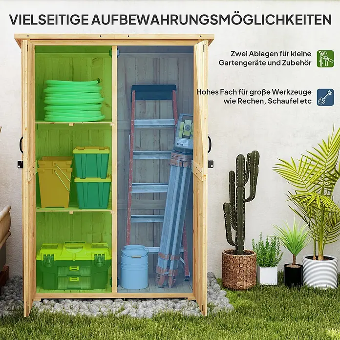 Outsunny Geräteschrank - Holz, Naturholz - Hölzernes Gartenschuppen mit vielseitigen Fächern: Regale für kleine und ein hohes Fach für große Gartengeräte.
