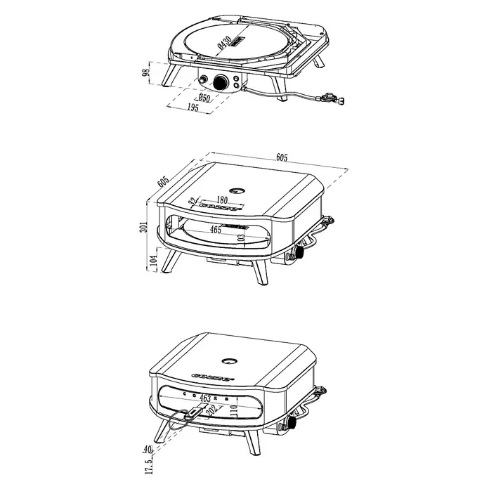 Cozze Pizzaofen mit drehbarem Pizzastein - Durchmesser Grillfläche: 42,5 cm, 6 kW, Weiß/Schwarz, Stahl - Technische Zeichnung eines tragbaren Gas-Pizzaofens mit Maßen, Bedienknöpfen und Gasanschluss.