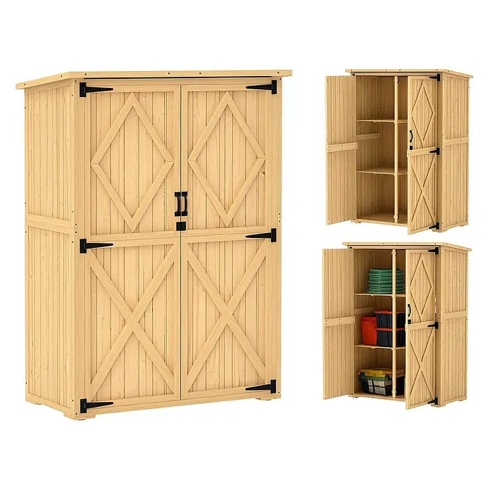 Outsunny Geräteschrank - Holz, Naturholz - Heller Holz-Gartenschrank mit Scheunentoren und schwarzen Beschlägen, leer und gefüllt mit Gartenzubehör.