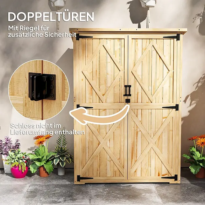 Outsunny Geräteschrank - Holz, Naturholz - Helle Holz-Doppeltüren mit schwarzen Metallscharnieren und einem Sicherheitsriegel. Schloss nicht enthalten.