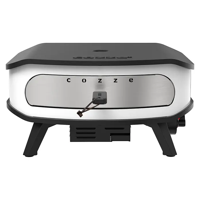 Cozze Pizzaofen mit drehbarem Pizzastein - Durchmesser Grillfläche: 42,5 cm, 6 kW, Weiß/Schwarz, Stahl - Kompakter schwarz-weißer Pizzaofen mit gebürsteter Metallfront und "COZZE"-Logo auf schwarzen Beinen stehend.