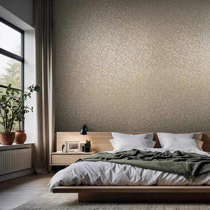 Marburg Ritus Vliestapete Grafik II - Schwarz-Gold, Grafisch, 10,05 x 0,53 m - Strukturierte beigefarbene Tapete mit dezentem Rautenmuster an einer Schlafzimmerwand.