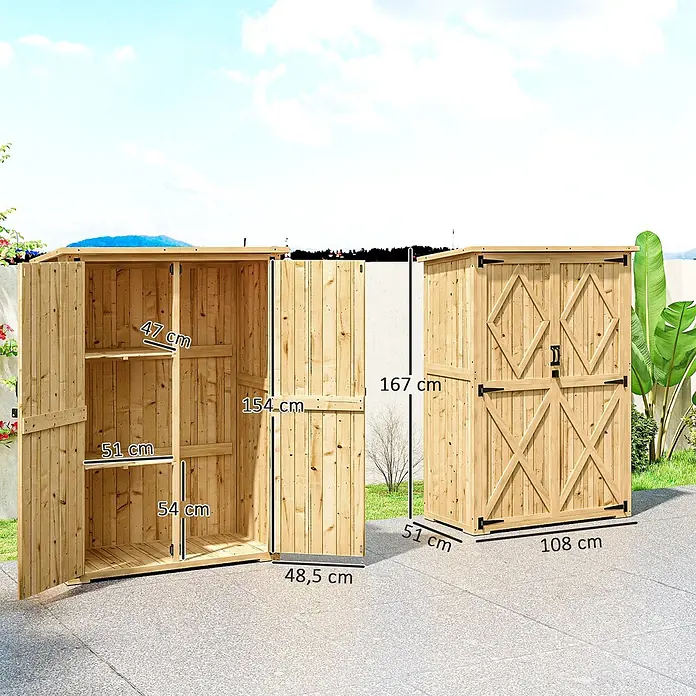 Outsunny Geräteschrank - Holz, Naturholz - Zwei Gartenlagerhütten aus Naturholz, eine offen mit Regalen, Maße angezeigt.