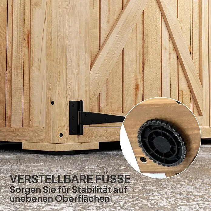 Outsunny Geräteschrank - Holz, Naturholz - Heller Holzschrank mit schwarzem Scharnier und schwarzem, verstellbarem Fuß an der Unterseite für Stabilität auf unebenen Oberflächen.