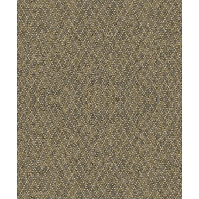 Marburg Ritus Vliestapete Grafik II - Schwarz-Gold, Grafisch, 10,05 x 0,53 m - Texturierter grauer Stoff oder Tapete mit goldenem Rautenmuster.