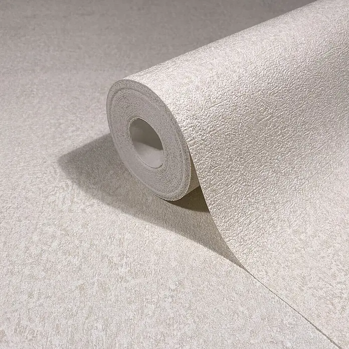 Marburg Ritus Vliestapete Putzoptik I - Beige, Sonstiges, 10,05 x 0,53 m - Beige strukturierte Tapetenrolle, teilweise ausgerollt, zeigt ihr körniges Muster.
