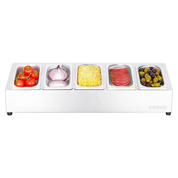 Cozze Toppingstation - Edelstahl, B x T x H: 60 x 20 x 15 cm - Edelstahl-Topping-Station mit fünf Behältern für verschiedene Pizzazutaten: Tomaten, Zwiebeln, Käse, Salami und Oliven.