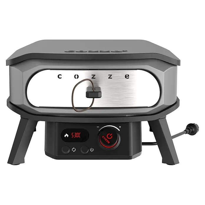 Cozze Pizzaofen Elektro Premium 13" - Grillfläche (B x T): 34 x 34 cm, 2,2 kW - Dunkelgrauer und schwarzer Pizzaofen mit digitaler Temperaturanzeige (530C), Bedienknopf und angeschlossener Temperatursonde.