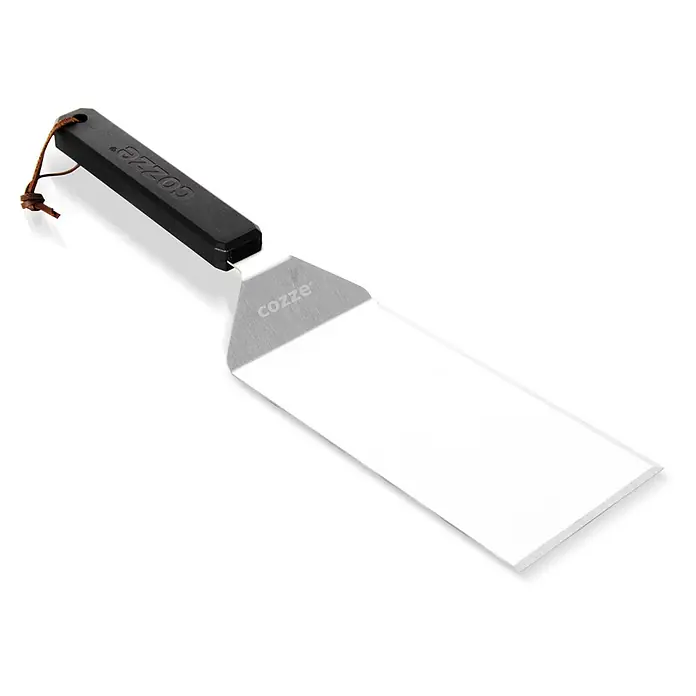 Cozze Grillgutwender - Länge: 42 cm, Edelstahl/Kunststoff - Edelstahl-Spatel mit schwarzem Griff und brauner Lederschlaufe.