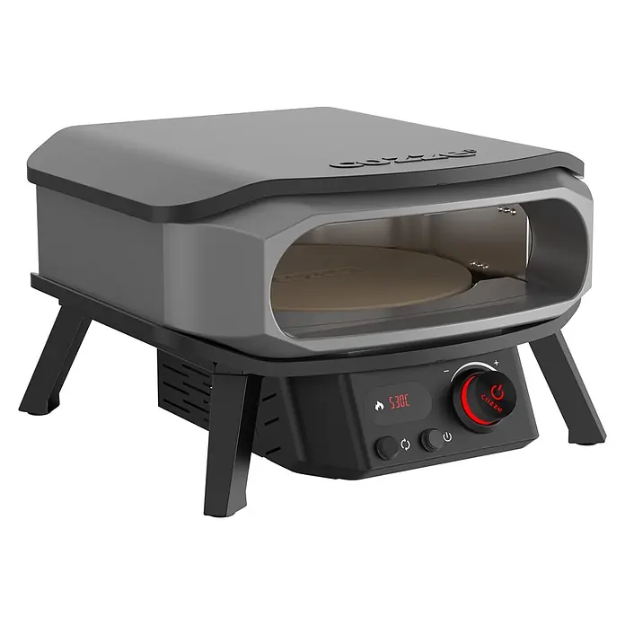 Cozze Pizzaofen Elektro Premium 13" - Grillfläche (B x T): 34 x 34 cm, 2,2 kW - Schwarzer und grauer tragbarer Pizzaofen mit digitaler Temperaturanzeige, großem Bedienknopf und integriertem Pizzastein.