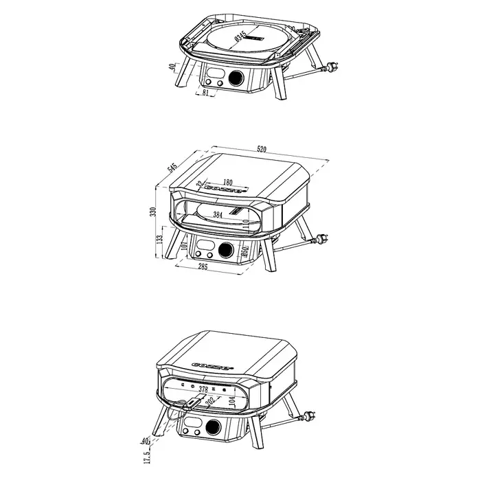 Cozze Pizzaofen Elektro Premium 13" - Grillfläche (B x T): 34 x 34 cm, 2,2 kW - Technische Zeichnung eines tragbaren Pizzaofens mit detaillierten Maßen.
